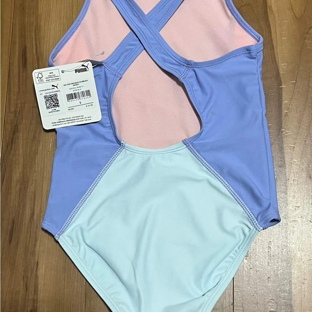 Puma Girls One-Piece Crossback Colorblock Swimsuit Pastel NWT Size 5